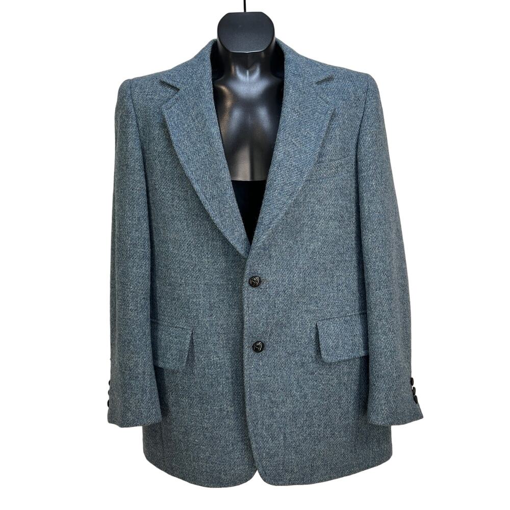 Vintage Harris Tweed Blue Wool Blazer Single Breasted 2 Button Sport Coat